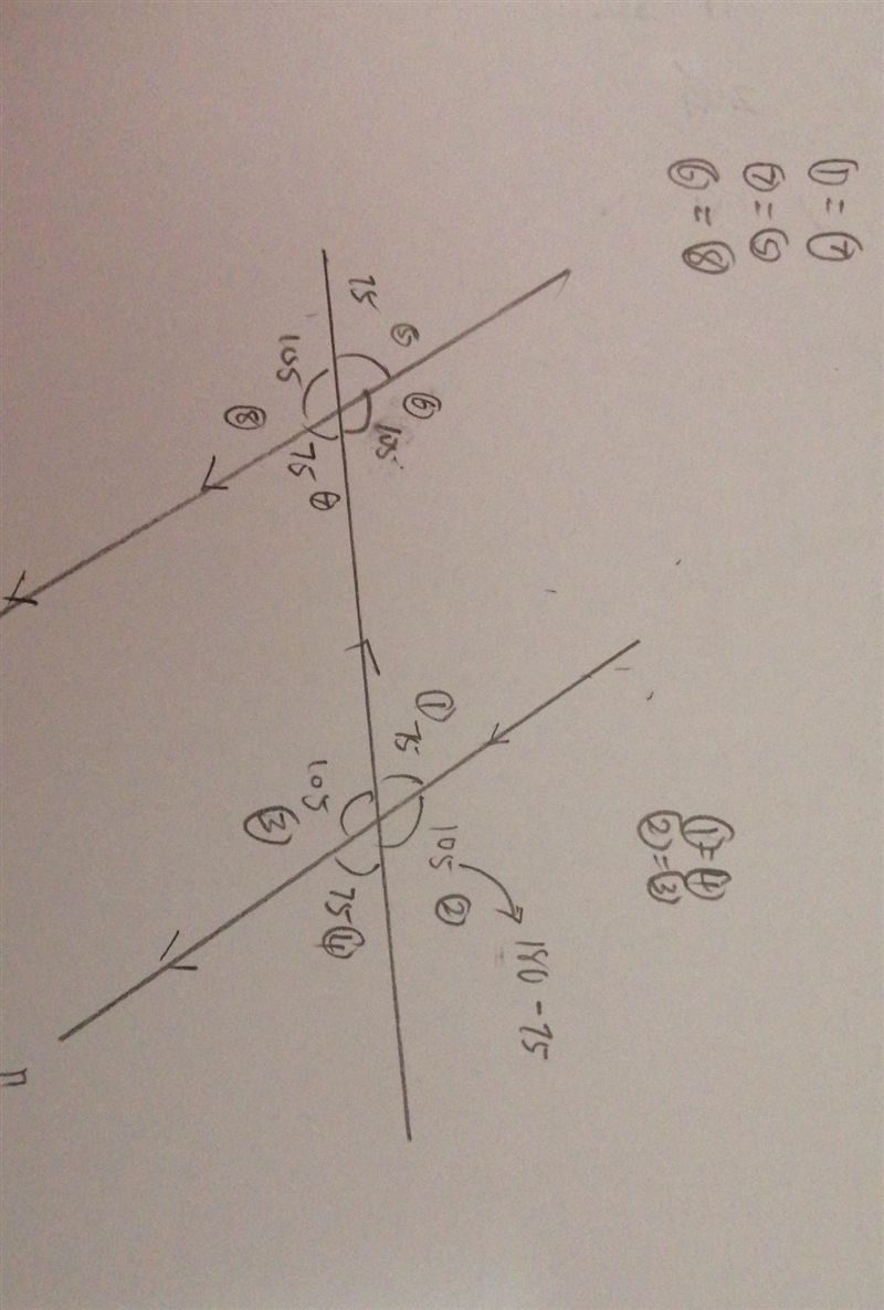 If the measure of angle 1 is 75°, find the measurement of the other angles.-example-1