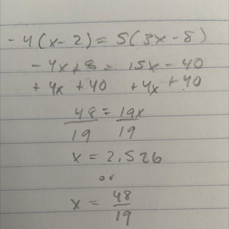 Slove -4(x-2)=5(3x-8)-example-1