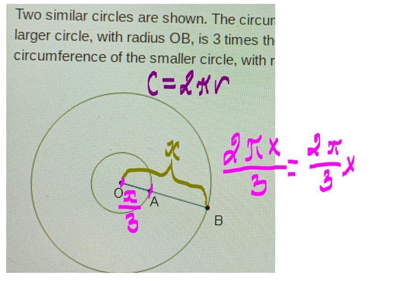 Two similar circles are shown. The circumference of the larger circle, with radius-example-1