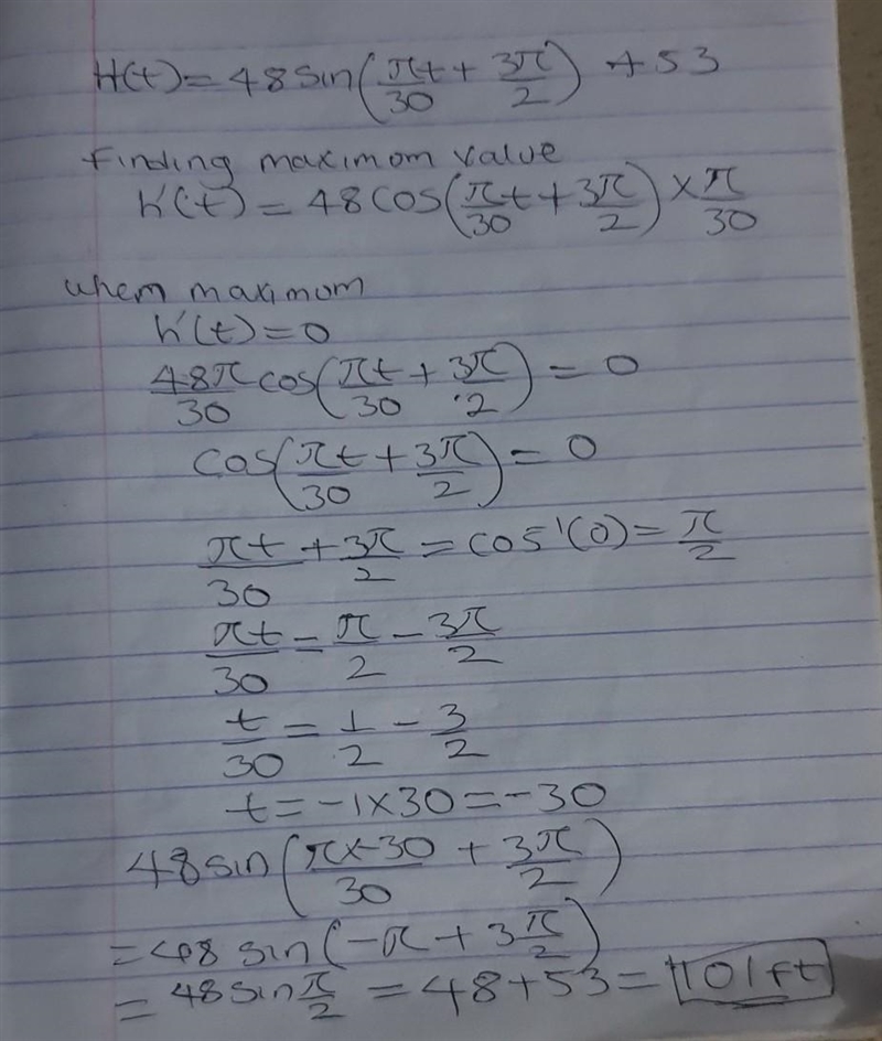 The height of a seat on a Ferris wheel can be modeled as H (t) = 48 sin (pi/30 t+ 3pi-example-1