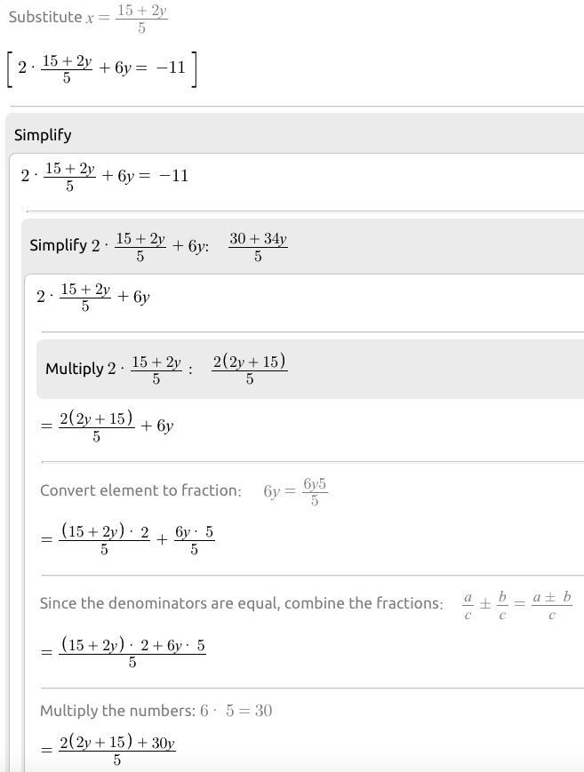 5x-2y=15 2x+6y=-11 solve by substitution or equal values method-example-2