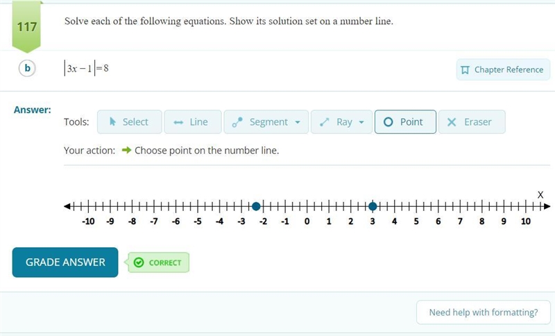 Solve each of the following equations show solution set on a number line 3x-1=8-example-1