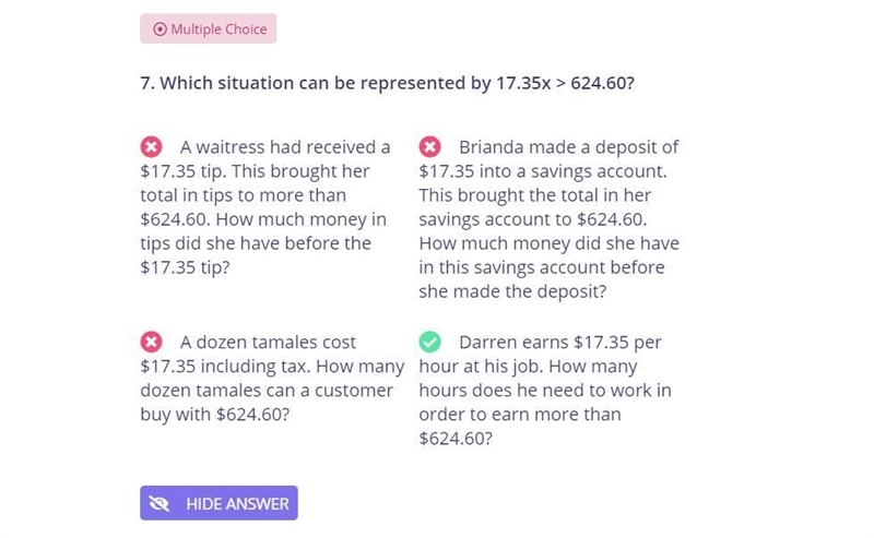 Which situation can be represented by 17.35x > 624.60?-example-1