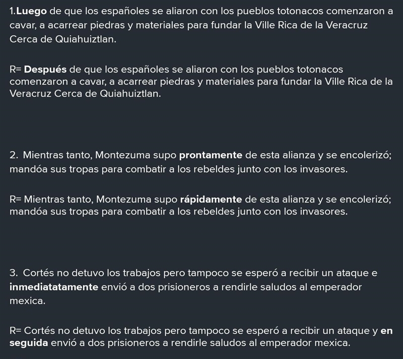 Lee el texto y sustituye las palabras resaltadas por frases adverbiales que expresen-example-1