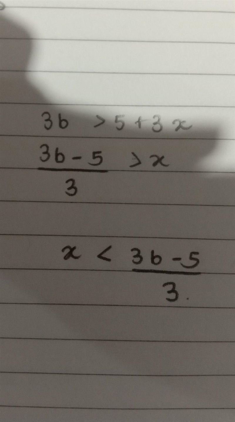 Solve for x. - 3x + 3b > 5-example-1