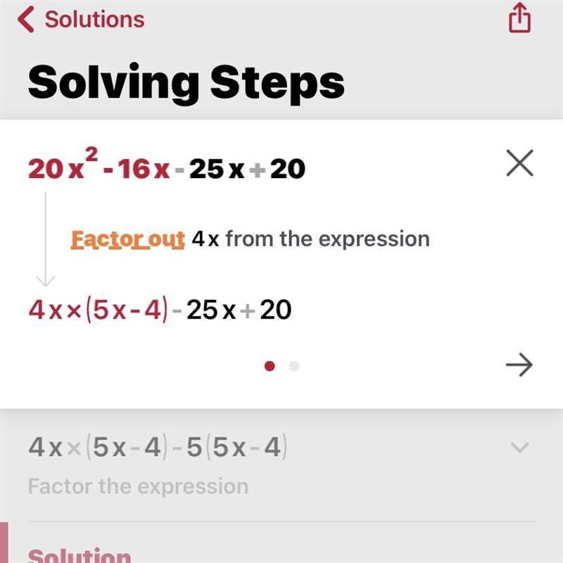 Factor by Grouping and show steps: 20x^2-16x-25x+20-example-1