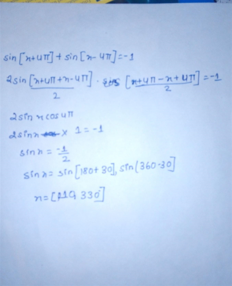 Find all the solutions on the interval [0,2π). sin[x+ π 4 ]+sin[x− π 4 ] = −1 Can-example-1