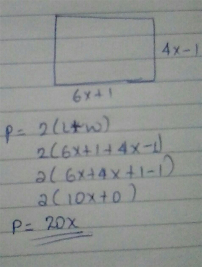 Find the perimeter of a rectangular frame with sides of 4x - 1 and 6x +5-example-1