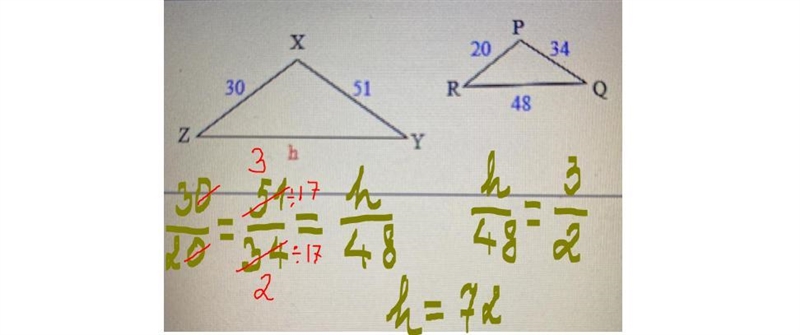 These triangles are similar. Find the missing length. h=-example-1