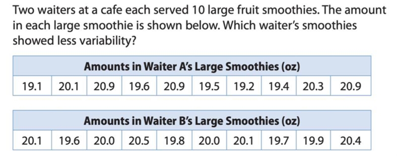 Two waiters at a cafe each served 10 large fruit smoothies. The amount in each large-example-1