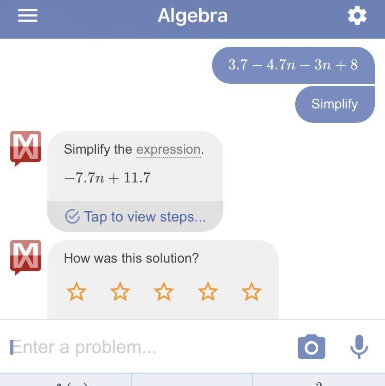 Simplify the expression. 3.7 - 4.7n - 3n + 8-example-1