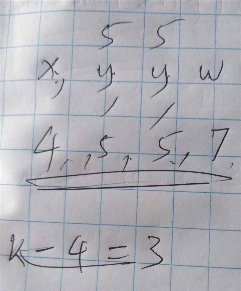 a set of data contains four values. the mode is 5, the range is 3 and the median is-example-1