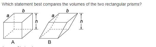 Which statement best compares the volumes of the two rectangular prisms-example-1