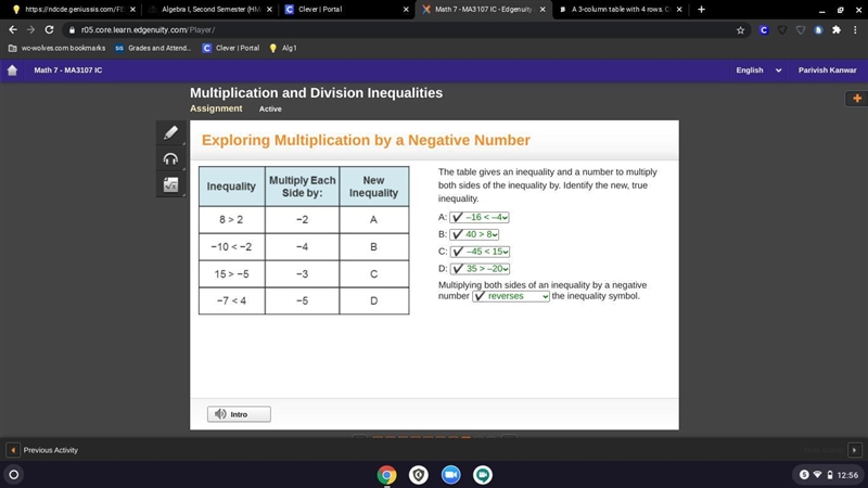 A 3-column table with 4 rows. Column 1 is labeled Inequality with entries 8 greater-example-1