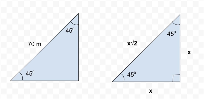 How high is the end of a 70 foot ramp when it is tipped to an angle of 45 degrees-example-1