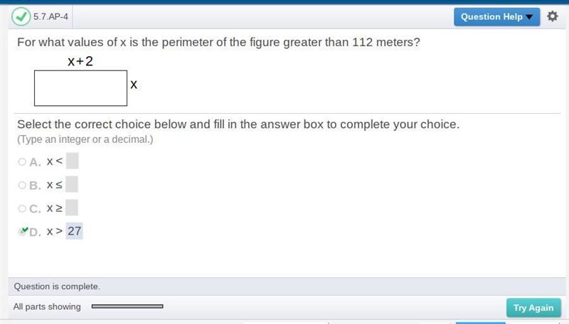 HELP For what values of x is the perimeter of the figure greater than 112 ​meters-example-1