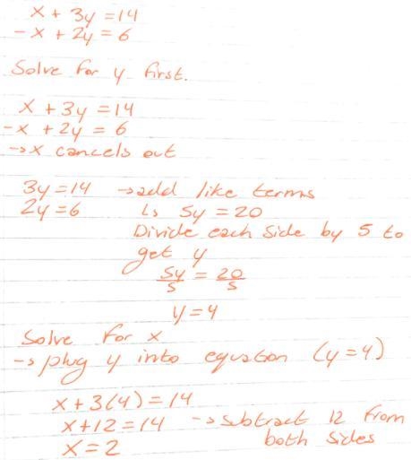 Solve the simultaneous equations x + 3 y = 14 − x + 2 y = 6-example-1