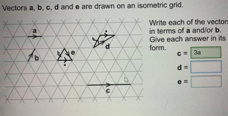 Vectors a,b,c,d and e are drawn on a isometric grid . write each of the vectors c-example-2