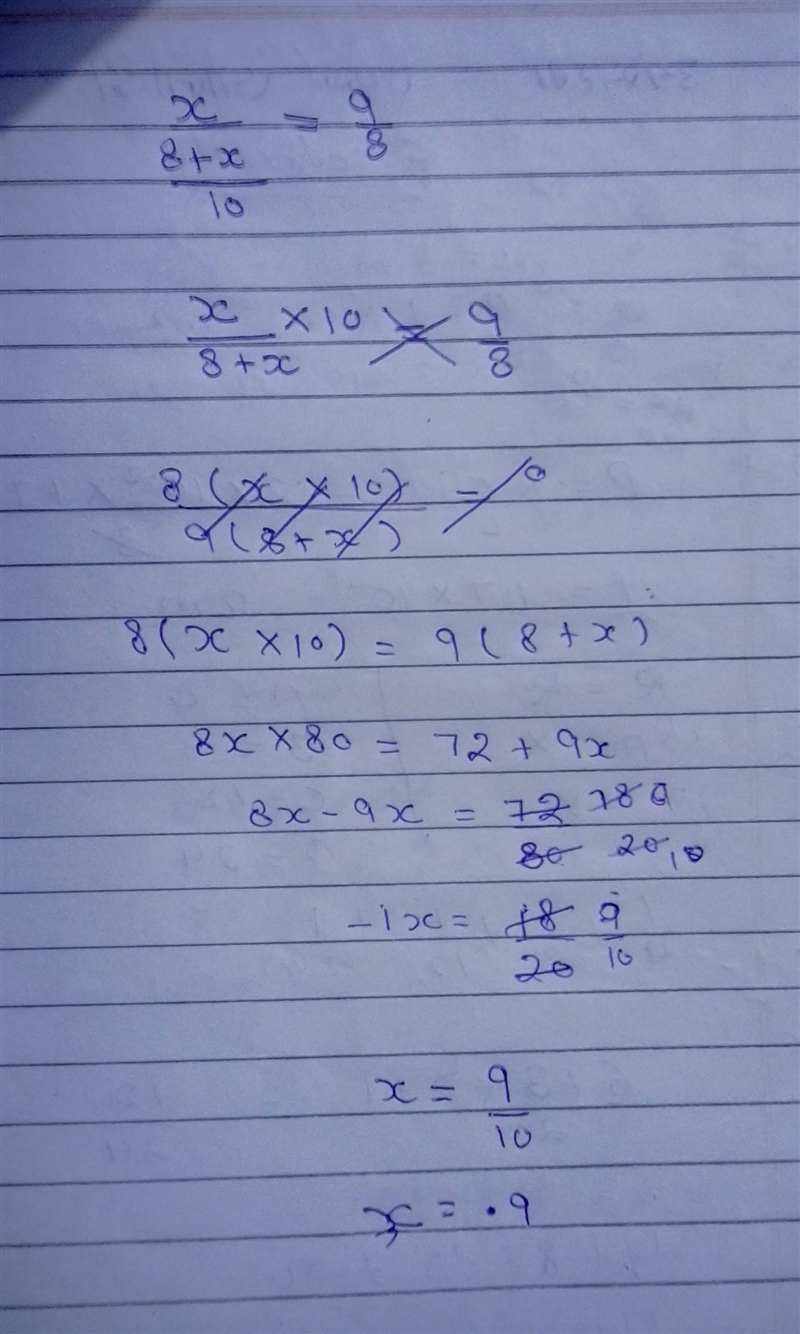 Solve for x. x/8+x/10=9/8 Simplify your answer as much as possible.-example-1