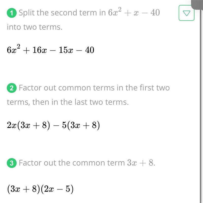 Factor the Trinomial 6x^2 + x - 40 (And please show the work/steps.)-example-1