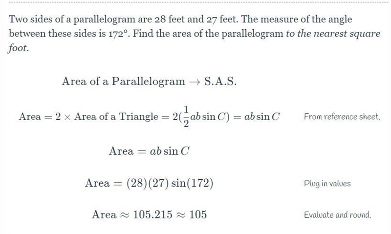 Two sides of a parallelogram are 28 feet and 27 feet. The measure of the angle between-example-1