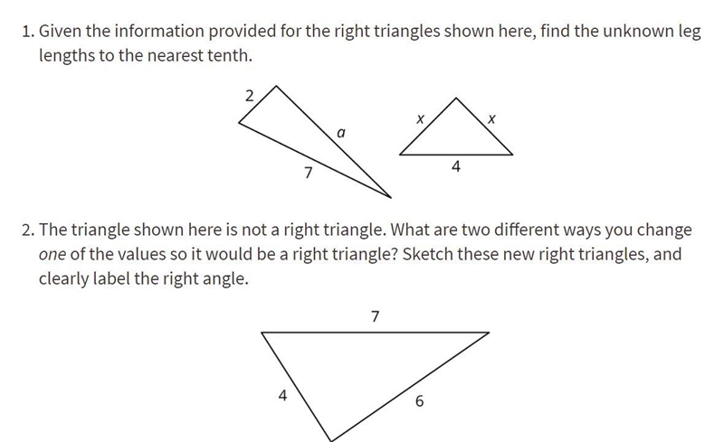 PLEASE HELP! 1.Given the information provided for the right triangles shown here, find-example-1