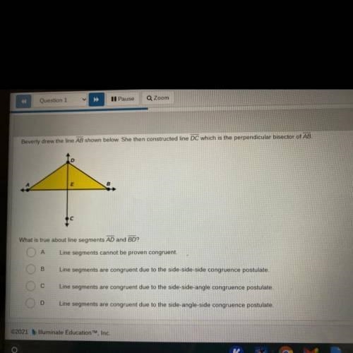 Beverly drew the line AB shown below. She then constructed line DC which is the perpendicular-example-1