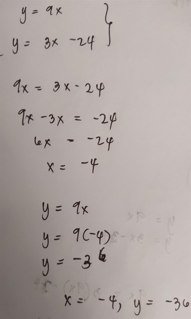 Solve the system by substitution. y = 9x y = 3x – 24-example-1