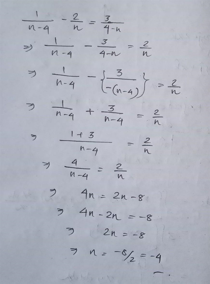 Solve for n. 1/ n-4 - 2/n = 3/ 4 - n-example-1