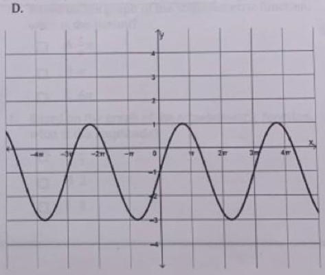 Which graph below has a midline of about -1, an amplitude of 2, and a period of 3pi-example-1