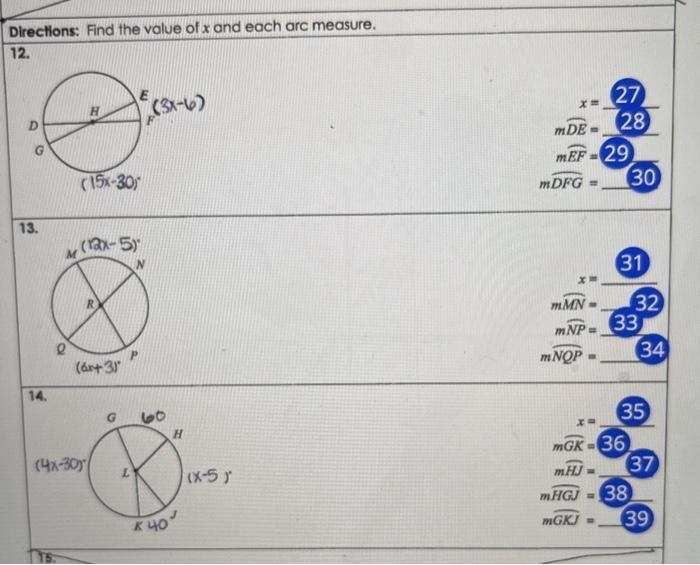 Find the value of x and each arc measure. 12 and 13 please-example-1