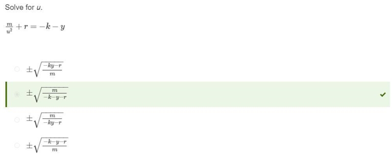 Solve for u. m/u^2+r=−k−y-example-1