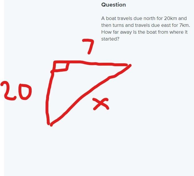 A boat travels due north for 20km and then turns and travels due east for 7km. How-example-1