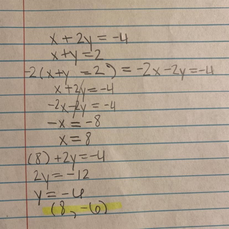 Solve the system of equations below by elimination. (Show your work) x+2y=−4 x+y=2-example-1