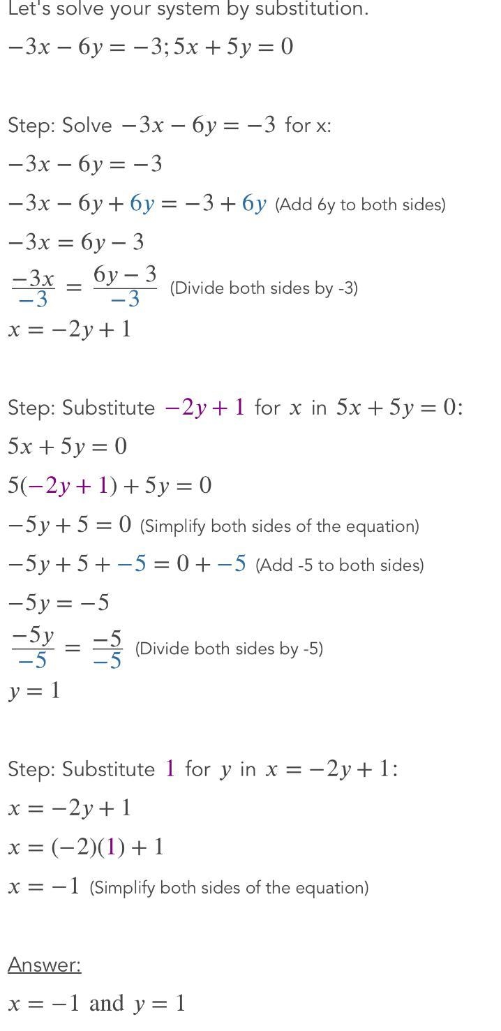 Solve each system by elimination. 1) -3х – бу = -3 5x + 5y = 0-example-1