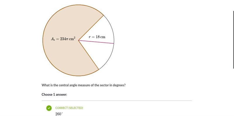 A sector with a radius \maroonD{18\,\text{cm}}18cmstart color #ca337c, 18, start text-example-1