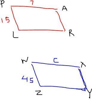 Parallelogram PARL is similar to parallelogram WXYZ. If AP = 7, PL = 15, and WZ = 45, find-example-1