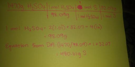 The chemical formula for sulfuric acid is H2SO4. If the weight of the acid was 1470 grams-example-1