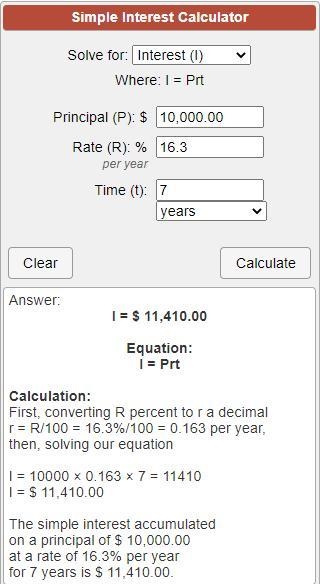 EMERGENCY!!!! PLEASE HELP!!!!!! 10,000$ invested at 16.3% simple interest rate. how-example-1