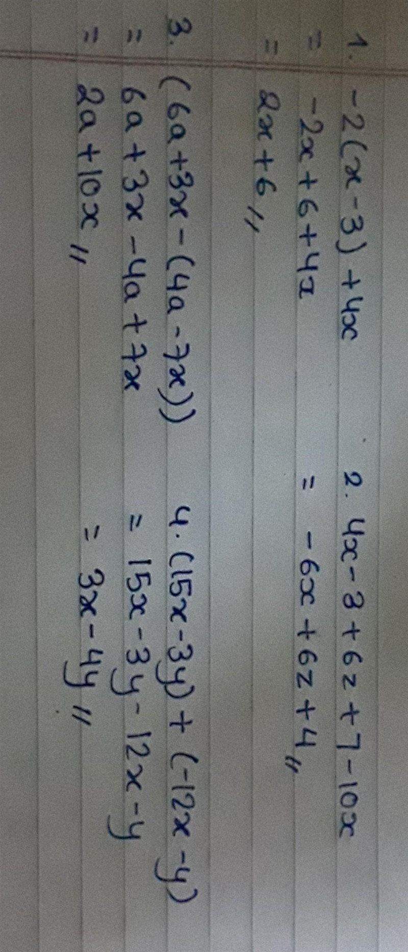 Expressions by combining terms. Simplify the 1. -2(x 3) + 4x 2. 4x - 3+ 6 + 7 – 10x-example-1