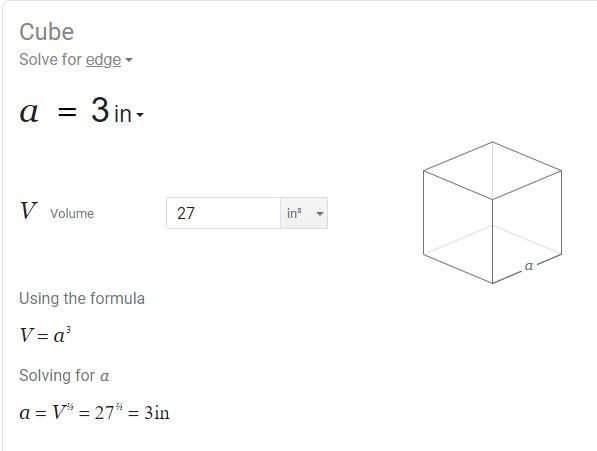 The volume of a cube is 27 cubic inches. What is the side length of the cube? A.3 B-example-1