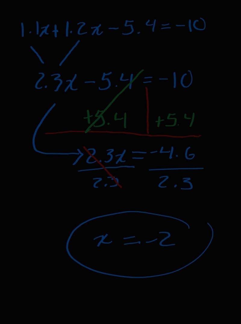 1.1x + 1.2x -5.4 =-10 Show answer-example-1