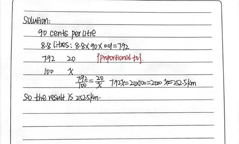 If Andrew spends 90 cents per litre and he goes 100km within 8.8 litres how far will-example-1