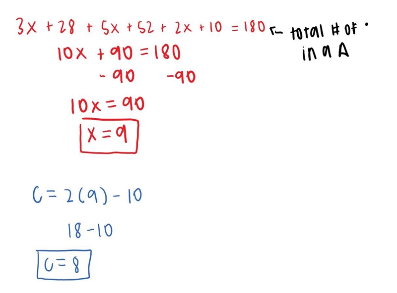 Triangle ABC has angle measures as shown. (a) What is the value of x? Show your work-example-1