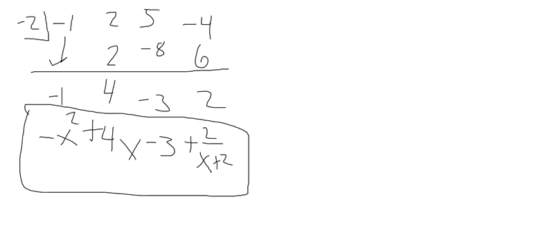 How do I divide -x^3 + 2x^2 + 5x -4 by x+2 using synthetic division?-example-1