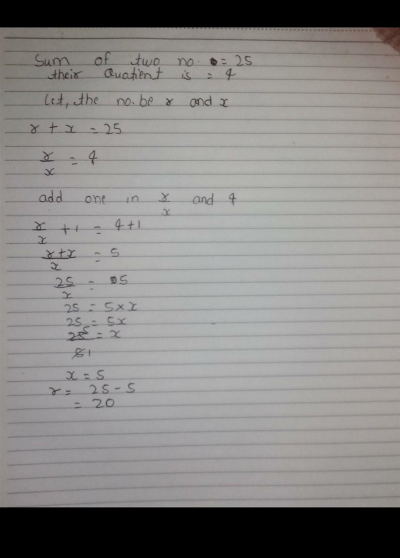 Sum of two numbers 25 and their quotient 4-example-1