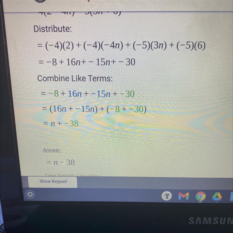 -4(2 - 4n) -5(3n +6)-example-1