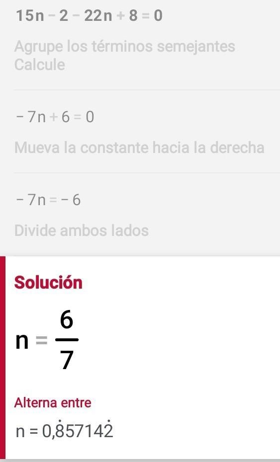 Solve the equation for all real solutions. 15n^2-22n+8=0-example-1