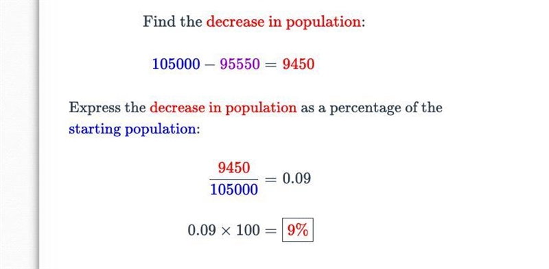 One year, the population of a city was 105,000.Several years later it was 95,550.Find-example-1