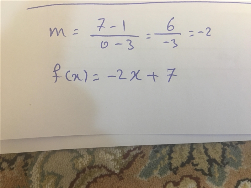 Write a linear function f with the given values. f(0) = 7, f(3) = 1​-example-1